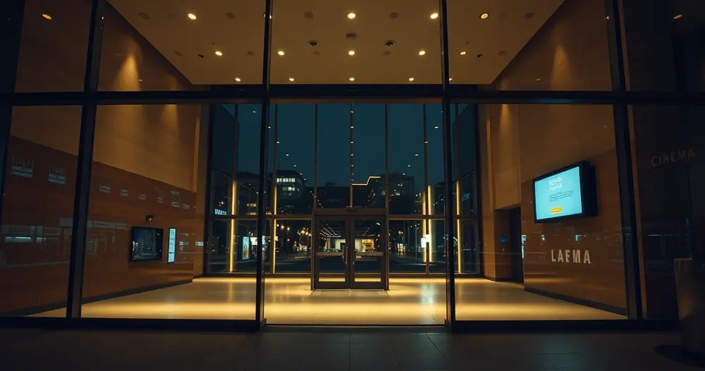 Saguão de cinema moderno visto de fora à noite, com brilho quente do interior refletido no vidro