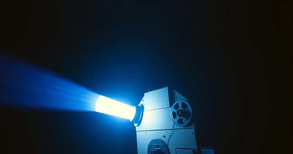 Cabine de projeção antiga com projetor em funcionamento e luz azul saindo da lente no escuro